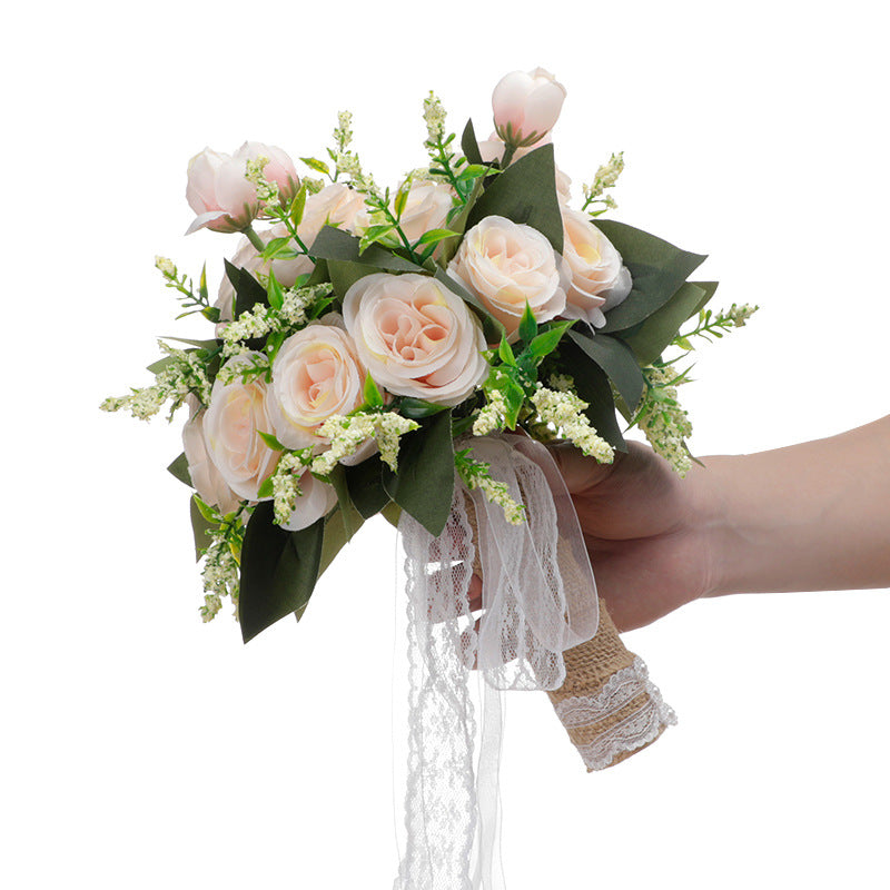 9 Inch Artificial Silk Rose Bridal Bouquet, 1 Pc Wedding Flower Arrangement