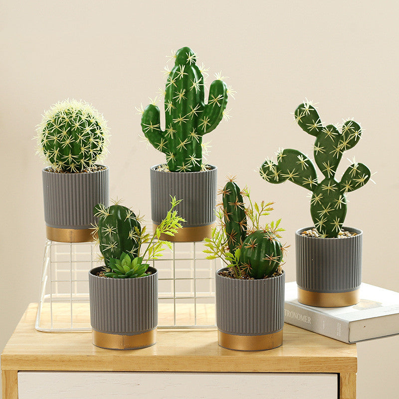 Artificial Potted Cactus Plants Bulk Set 6 Pcs, 6 Inch, Green, Plastic Faux Bonsai