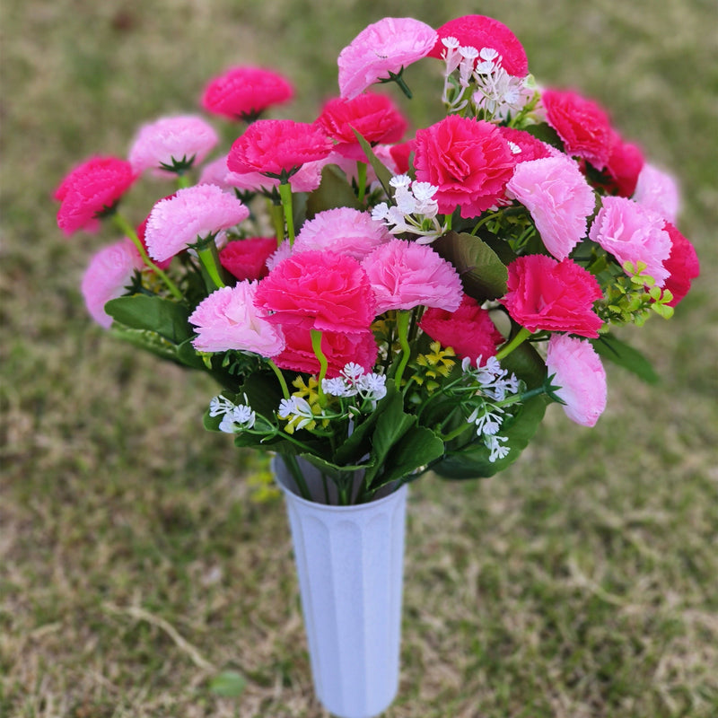 Artificial Carnation Bouquet 12 Stems Bulk 10 Inch Silk Flowers with Vase for Cemetery Memorial Grave