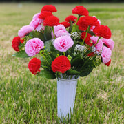Artificial Carnation Bouquet 12 Stems Bulk 10 Inch Silk Flowers with Vase for Cemetery Memorial Grave