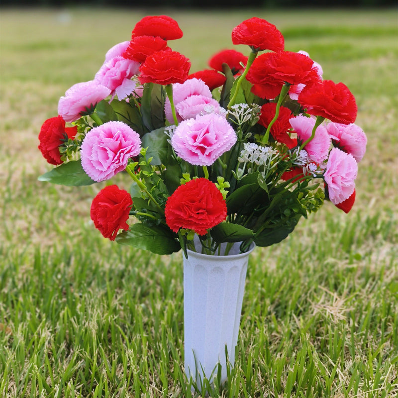 Artificial Carnation Bouquet 12 Stems Bulk 10 Inch Silk Flowers with Vase for Cemetery Memorial Grave