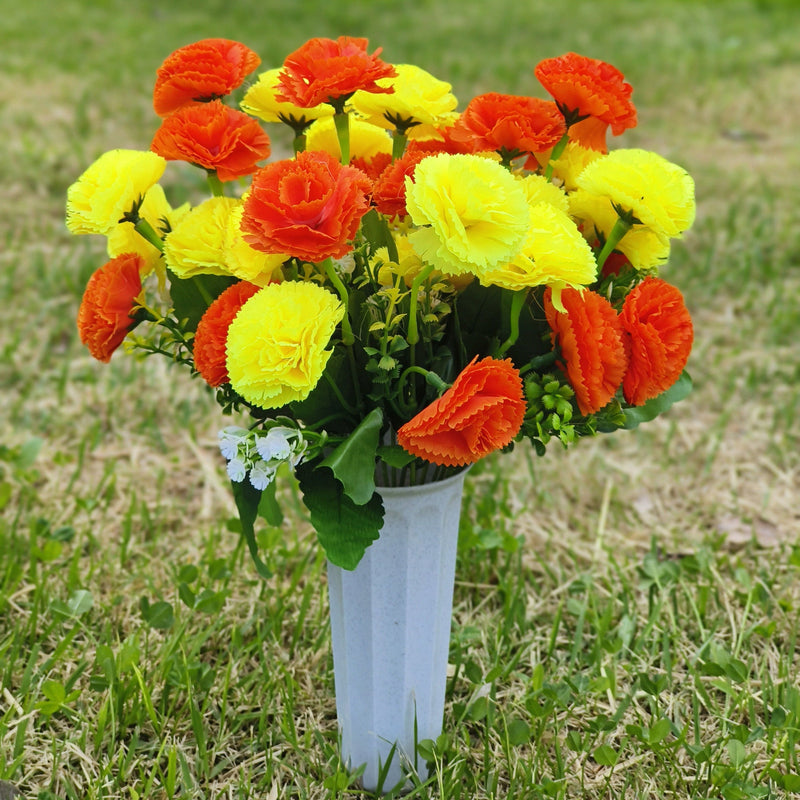 Artificial Carnation Bouquet 12 Stems Bulk 10 Inch Silk Flowers with Vase for Cemetery Memorial Grave