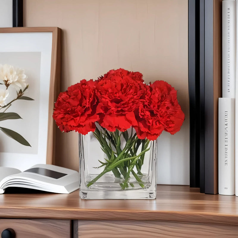7 Inch Red Artificial Carnations 1 Stem Real Touch Silk Flowers in Vase with Faux Water