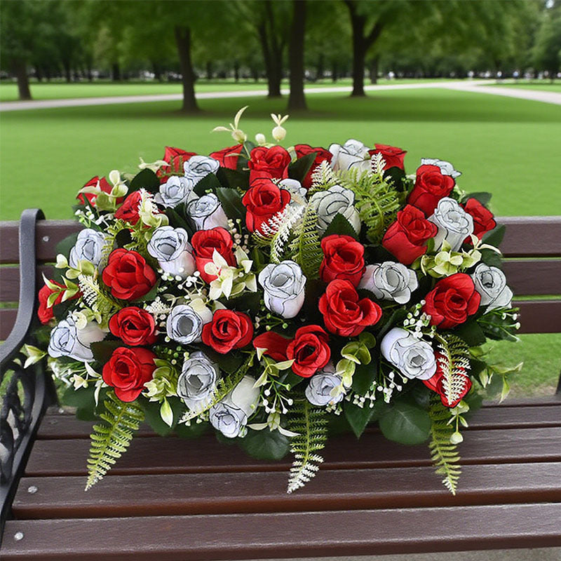 Artificial Cemetery Flower Arrangement - 36 Red & White Matte Roses Grave Decoration