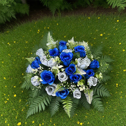 Artificial Cemetery Flower Arrangement - 36 Red & White Matte Roses Grave Decoration