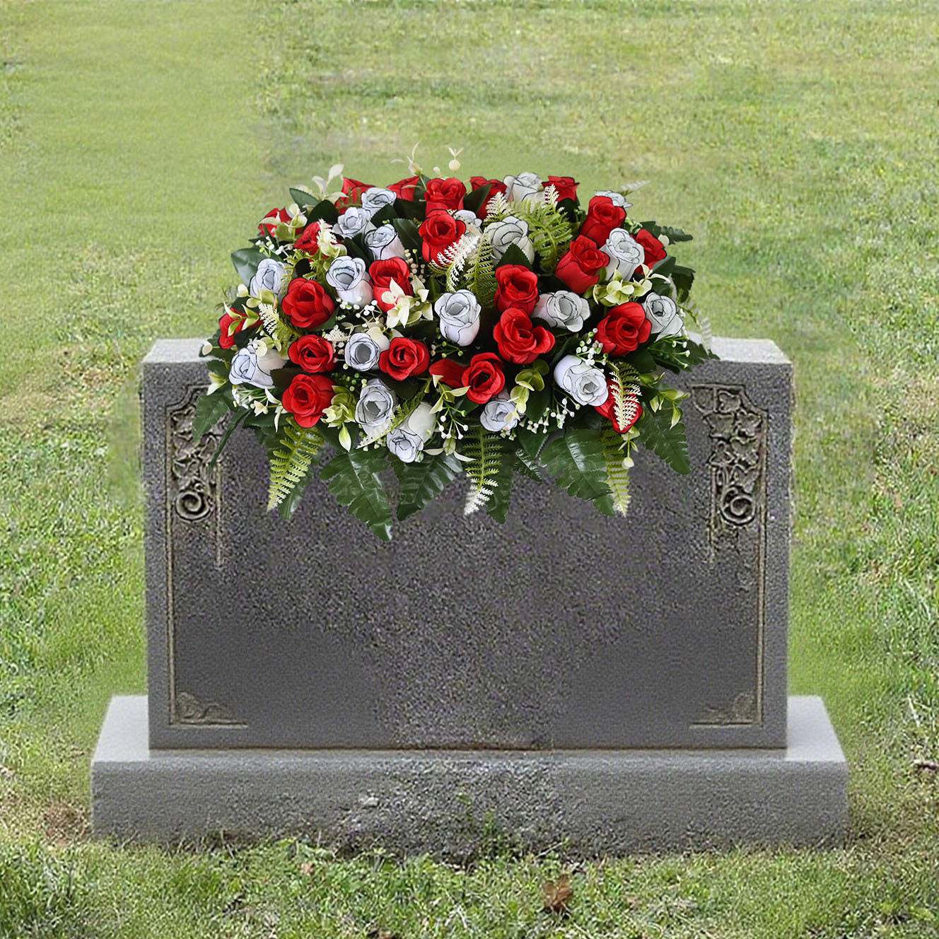 Artificial Cemetery Flower Arrangement - 36 Red & White Matte Roses Grave Decoration
