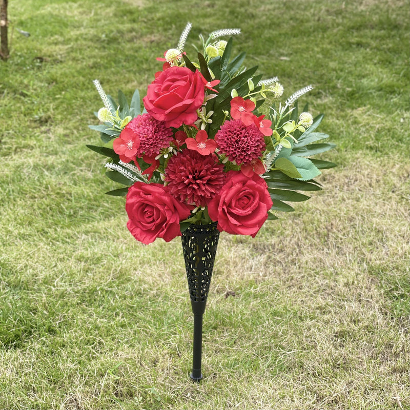 Artificial Cemetery Flowers Bulk Set with Vase – Funeral Memorial Silk Mum, Rose & Lily Bouquet