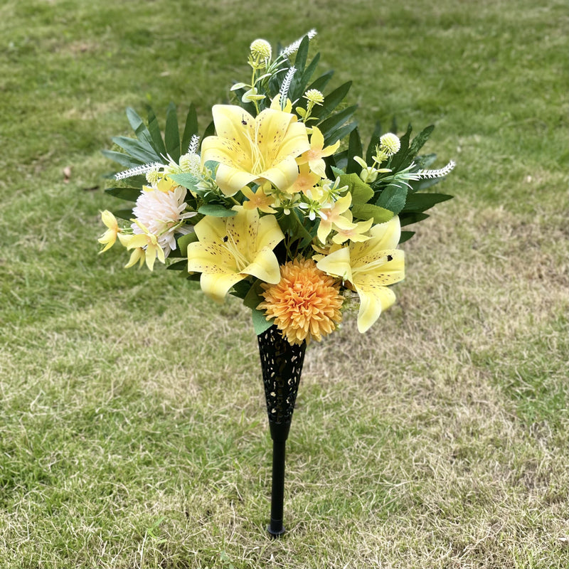 Artificial Cemetery Flowers Bulk Set with Vase – Funeral Memorial Silk Mum, Rose & Lily Bouquet