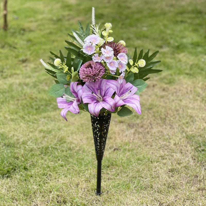 Artificial Cemetery Flowers Bulk Set with Vase – Funeral Memorial Silk Mum, Rose & Lily Bouquet