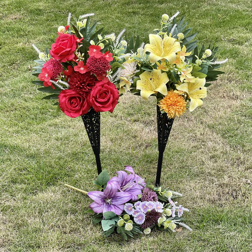 Artificial Cemetery Flowers Bulk Set with Vase – Funeral Memorial Silk Mum, Rose & Lily Bouquet