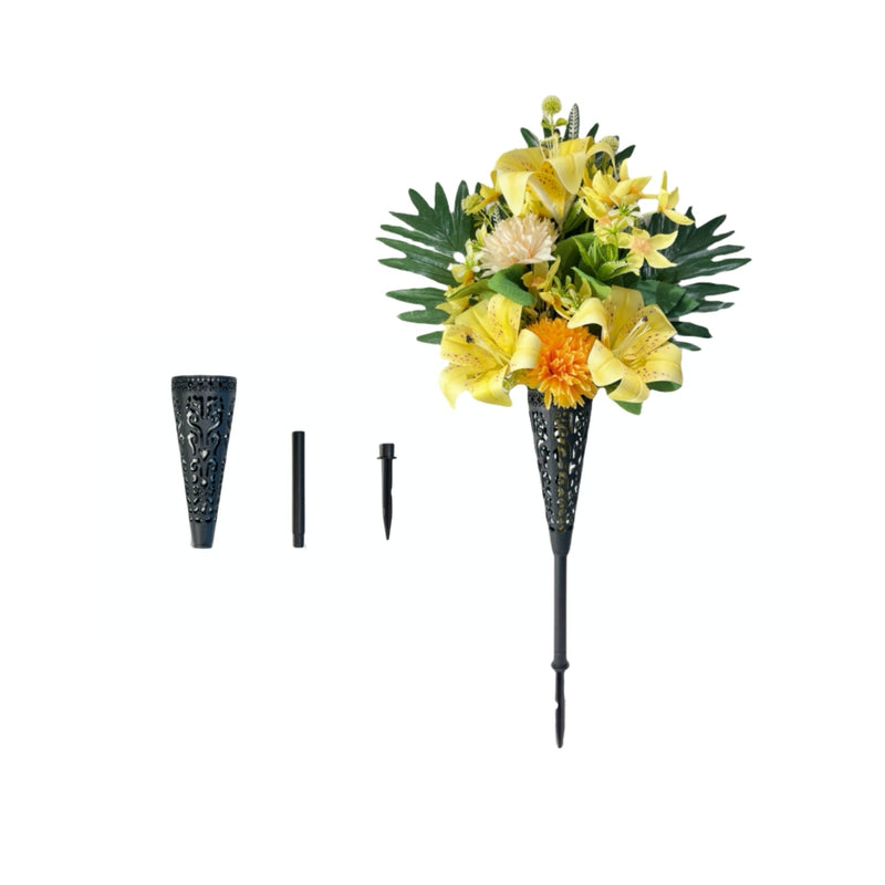 Artificial Cemetery Flowers Bulk Set with Vase – Funeral Memorial Silk Mum, Rose & Lily Bouquet