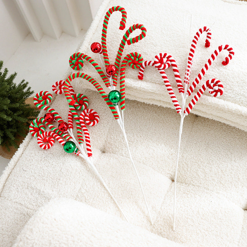 Artificial Christmas Candy Picks Lollipop Stems with Bell Ornaments, 12 Pcs, Holiday Decor