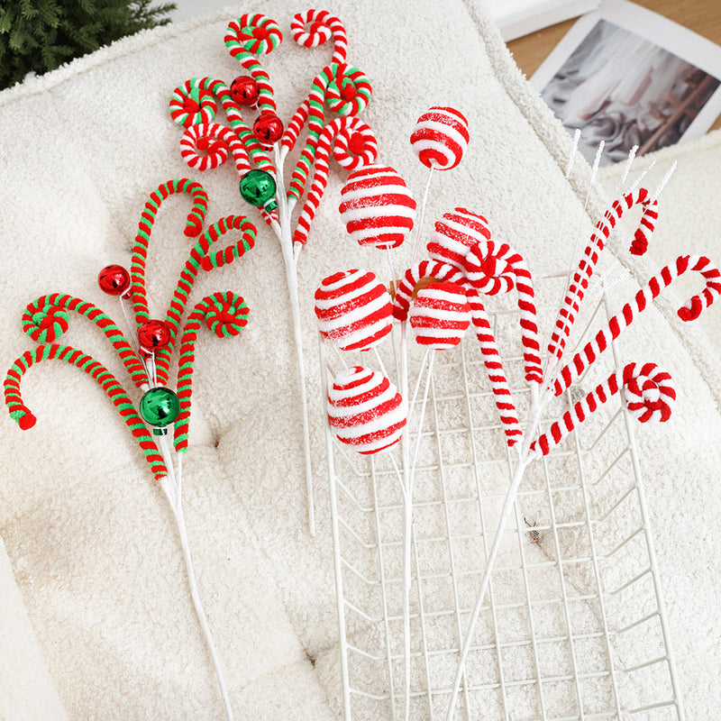 Artificial Christmas Candy Picks Lollipop Stems with Bell Ornaments, 12 Pcs, Holiday Decor