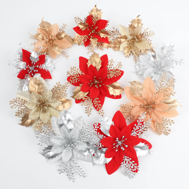 12 Inch Artificial Glitter Poinsettia Flowers, 12 Pcs Christmas Ornaments Bulk Set