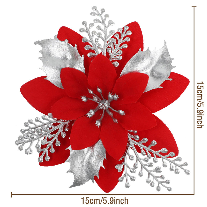 12 Inch Artificial Glitter Poinsettia Flowers, 12 Pcs Christmas Ornaments Bulk Set