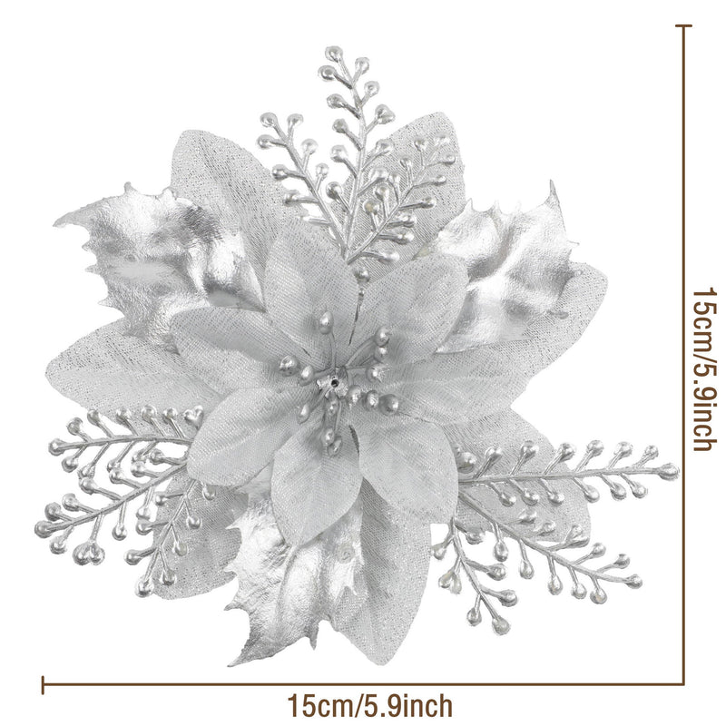 12 Inch Artificial Glitter Poinsettia Flowers, 12 Pcs Christmas Ornaments Bulk Set