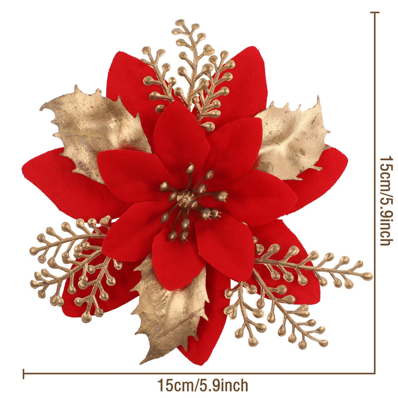 12 Inch Artificial Glitter Poinsettia Flowers, 12 Pcs Christmas Ornaments Bulk Set