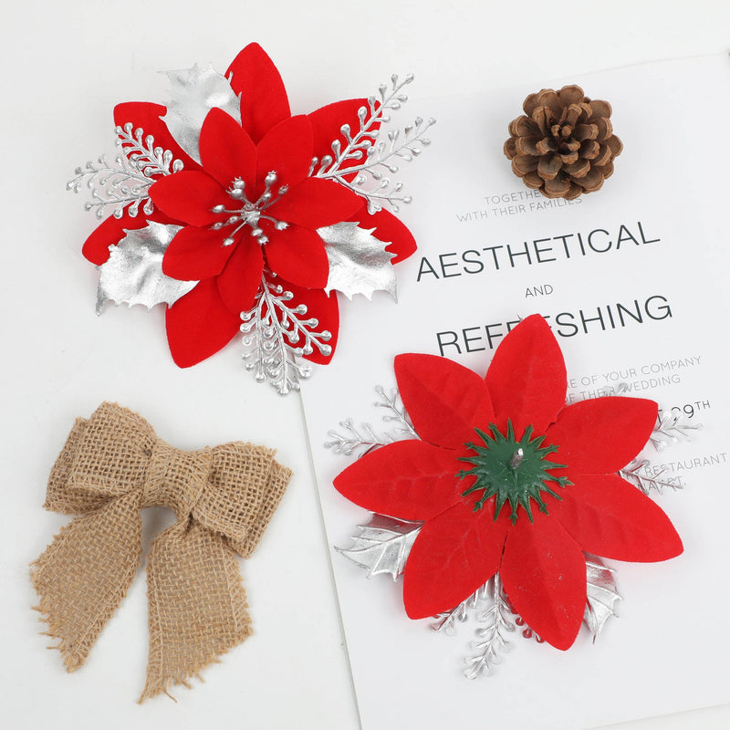 12 Inch Artificial Glitter Poinsettia Flowers, 12 Pcs Christmas Ornaments Bulk Set
