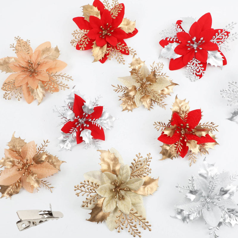12 Inch Artificial Glitter Poinsettia Flowers, 12 Pcs Christmas Ornaments Bulk Set