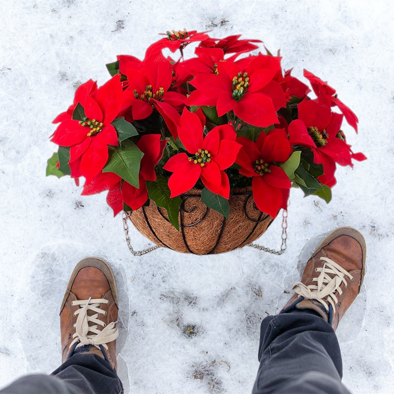 Artificial Poinsettia Flowers 12 Inch 10 Pcs Red Silk Hanging Basket for Indoor Outdoor Decor