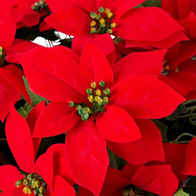 Artificial Poinsettia Flowers 12 Inch 10 Pcs Red Silk Hanging Basket for Indoor Outdoor Decor