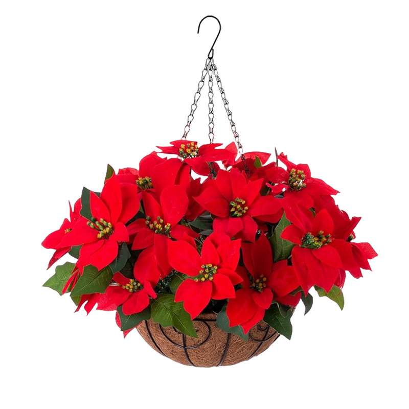Artificial Poinsettia Flowers 12 Inch 10 Pcs Red Silk Hanging Basket for Indoor Outdoor Decor