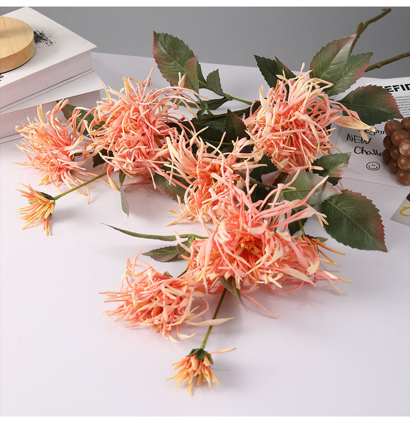 27 Inch Artificial Chrysanthemum Stems Coral Triple Bloom Foliage Spray 10 Pcs Silk Flowers for Autumn Centerpiece