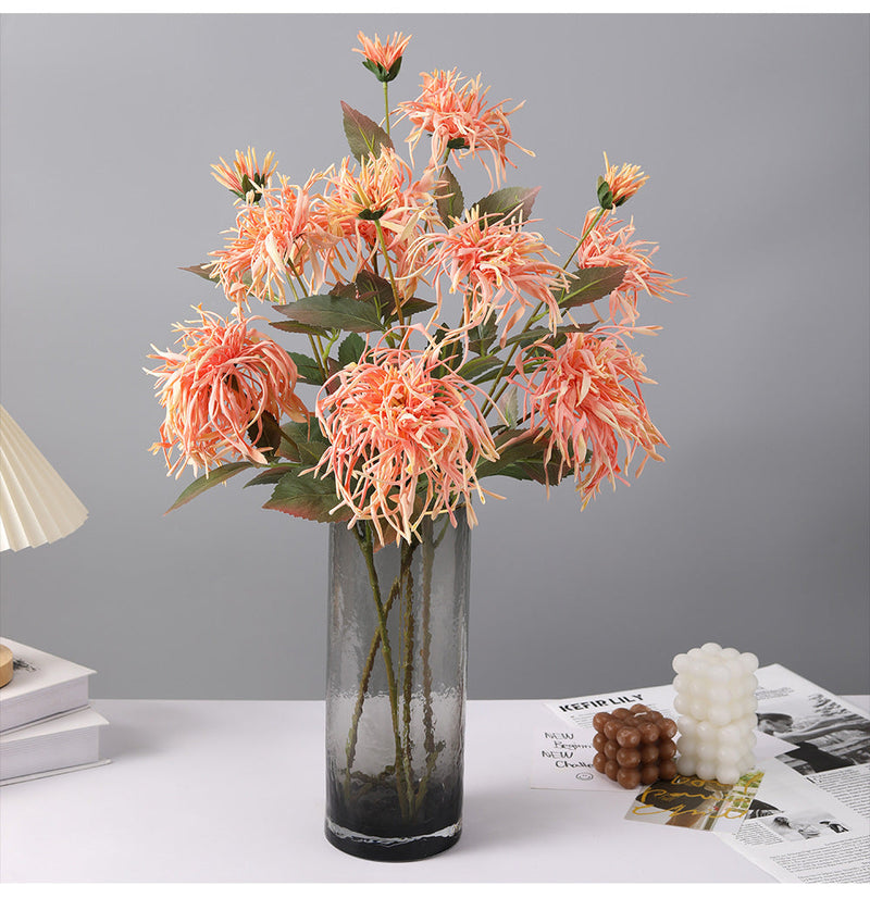 27 Inch Artificial Chrysanthemum Stems Coral Triple Bloom Foliage Spray 10 Pcs Silk Flowers for Autumn Centerpiece