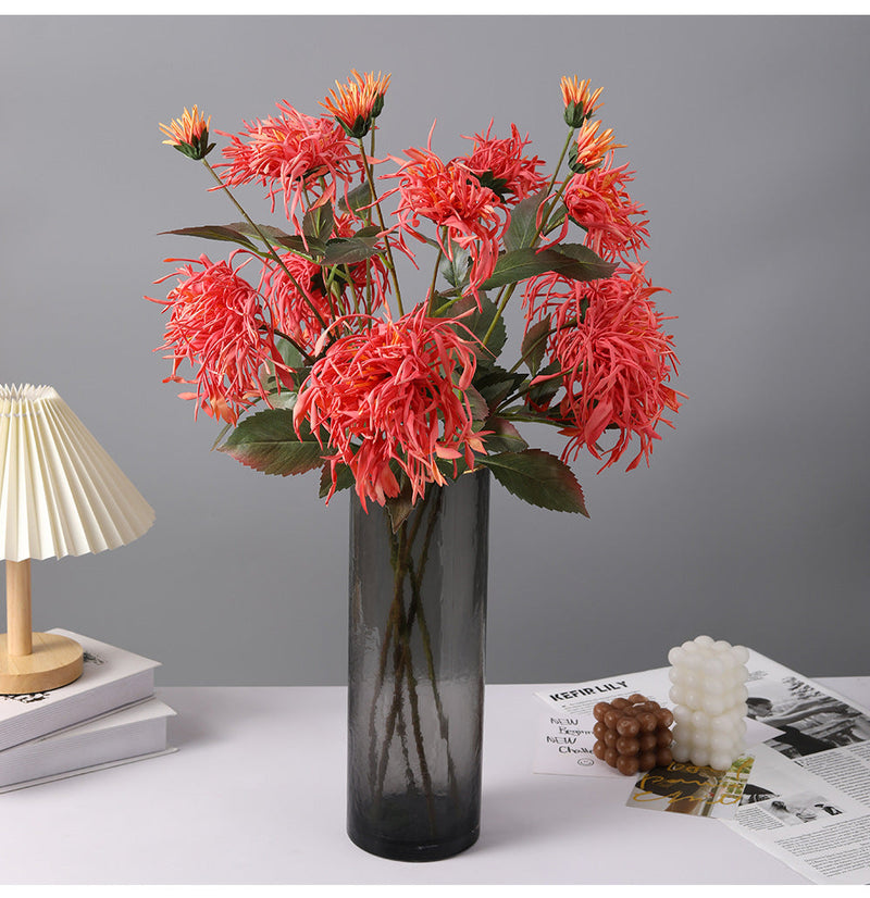 27 Inch Artificial Chrysanthemum Stems Coral Triple Bloom Foliage Spray 10 Pcs Silk Flowers for Autumn Centerpiece