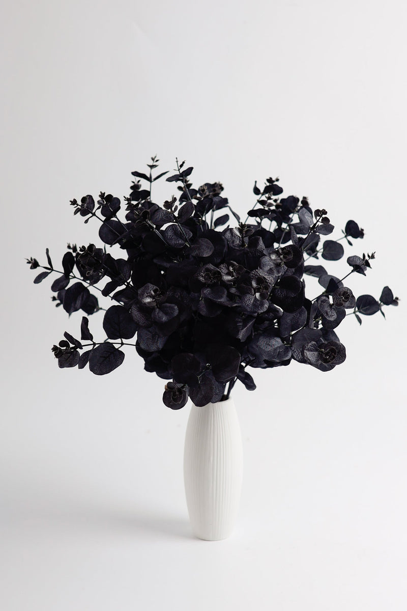 18 Inch Black Eucalyptus Bush 6 Stems Silk Artificial Halloween Centerpiece Bulk