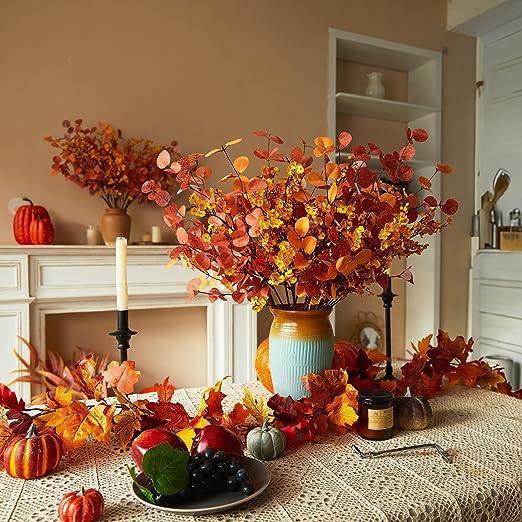 21 Inch Artificial Eucalyptus and Baby's Breath Stems, 21 Pcs Fall Autumn Decor, Silk Flowers