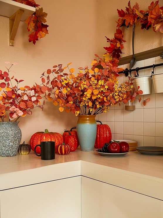 21 Inch Artificial Eucalyptus and Baby's Breath Stems, 21 Pcs Fall Autumn Decor, Silk Flowers