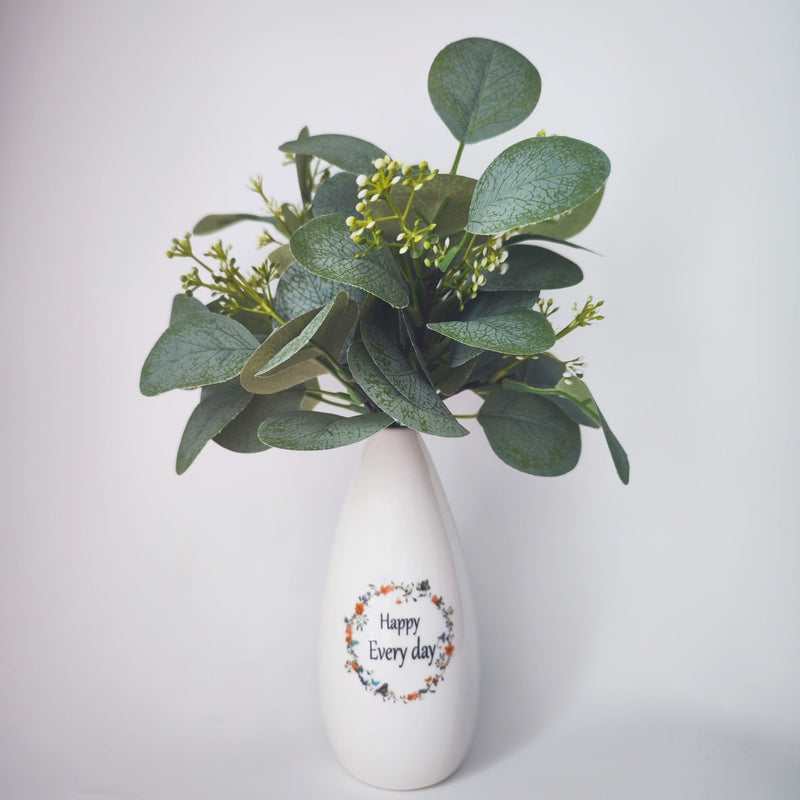 12 Inch Artificial Eucalyptus Stems 10 Pcs Bulk with Ceramic Vase