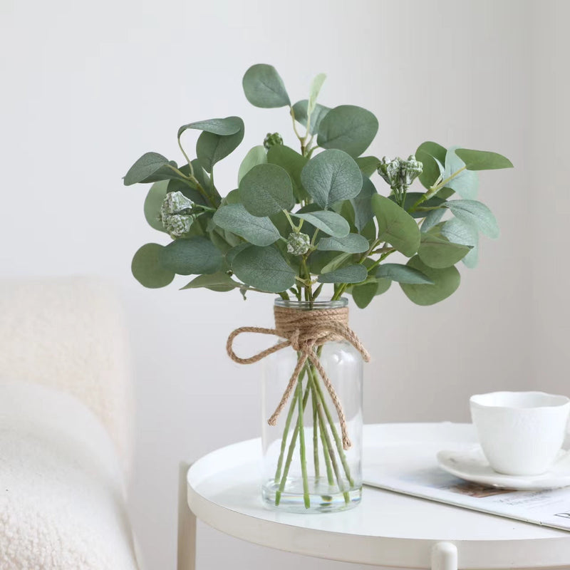 14 Inch Artificial Eucalyptus Stems 6 Pcs Greenery Arrangement in Glass Vase with Faux Water