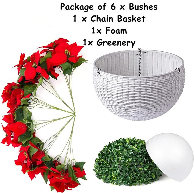Artificial Poinsettia Flowers 12 Inch Red Silk 10 Pcs Hanging Basket for Indoor Outdoor Decor