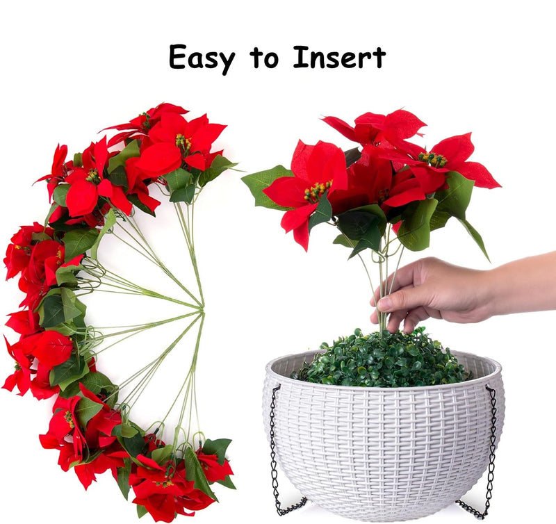 Artificial Poinsettia Flowers 12 Inch Red Silk 10 Pcs Hanging Basket for Indoor Outdoor Decor