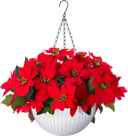 Artificial Poinsettia Flowers 12 Inch Red Silk 10 Pcs Hanging Basket for Indoor Outdoor Decor