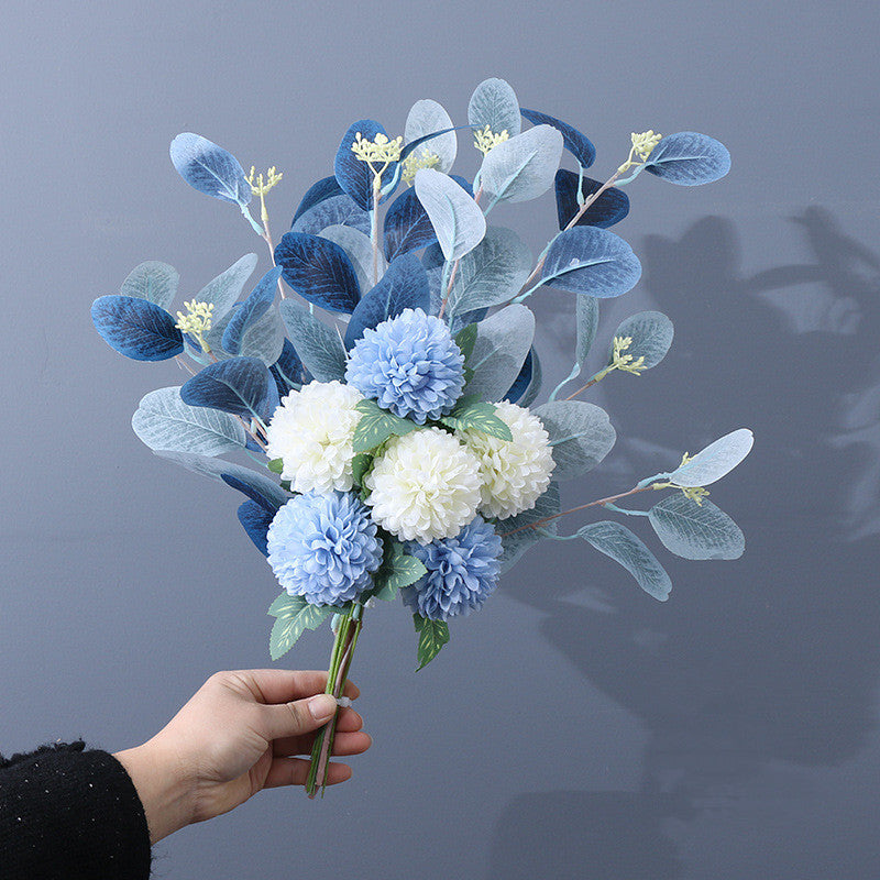 Artificial Kiku Mum Ball Flowers Bouquet with Eucalyptus, 10 Pcs Silk Floral Stems, Bulk Wholesale