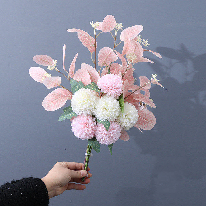 Artificial Kiku Mum Ball Flowers Bouquet with Eucalyptus, 10 Pcs Silk Floral Stems, Bulk Wholesale