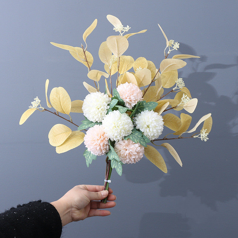 Artificial Kiku Mum Ball Flowers Bouquet with Eucalyptus, 10 Pcs Silk Floral Stems, Bulk Wholesale