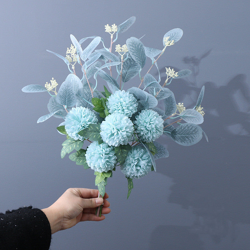 Artificial Kiku Mum Ball Flowers Bouquet with Eucalyptus, 10 Pcs Silk Floral Stems, Bulk Wholesale