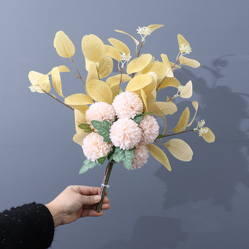 Artificial Kiku Mum Ball Flowers Bouquet with Eucalyptus, 10 Pcs Silk Floral Stems, Bulk Wholesale