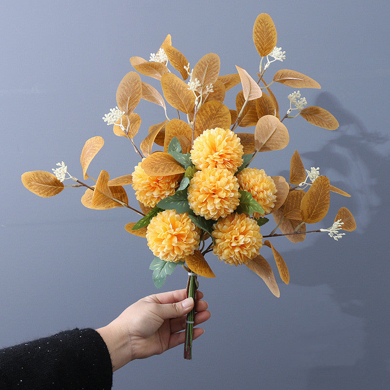 Artificial Kiku Mum Ball Flowers Bouquet with Eucalyptus, 10 Pcs Silk Floral Stems, Bulk Wholesale