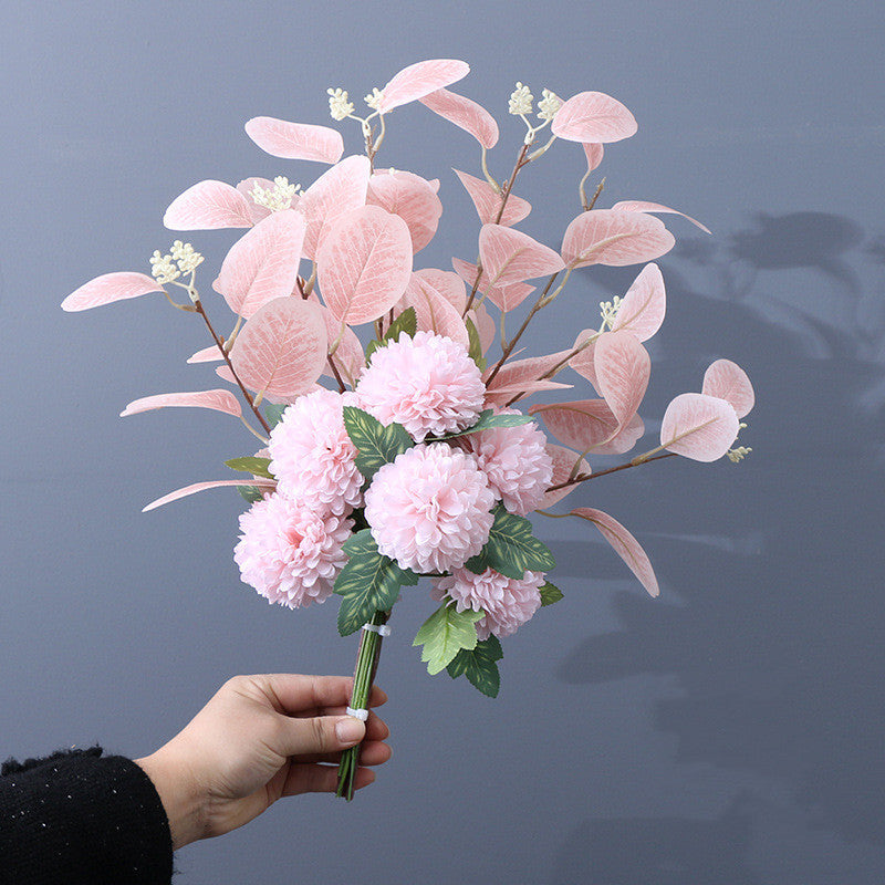 Artificial Kiku Mum Ball Flowers Bouquet with Eucalyptus, 10 Pcs Silk Floral Stems, Bulk Wholesale