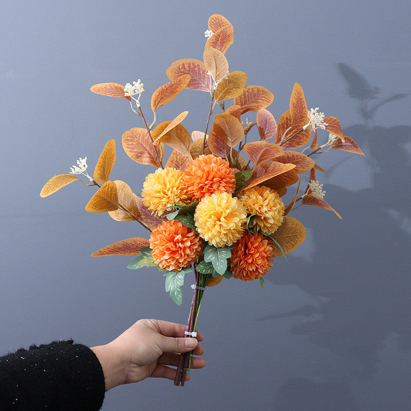 Artificial Kiku Mum Ball Flowers Bouquet with Eucalyptus, 10 Pcs Silk Floral Stems, Bulk Wholesale