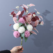 Artificial Kiku Mum Ball Flowers Bouquet with Eucalyptus, 10 Pcs Silk Floral Stems, Bulk Wholesale