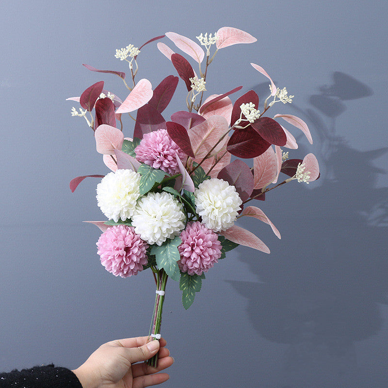 Artificial Kiku Mum Ball Flowers Bouquet with Eucalyptus, 10 Pcs Silk Floral Stems, Bulk Wholesale