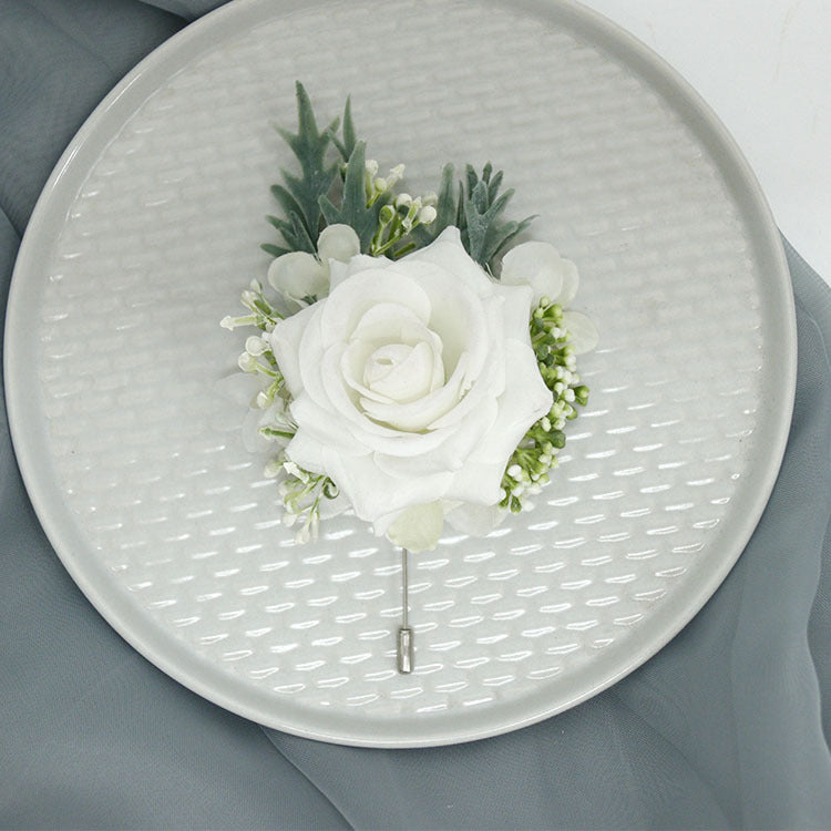 White Artificial Rose Corsage and Boutonniere Set, Bulk Quantity, Silk Flowers
