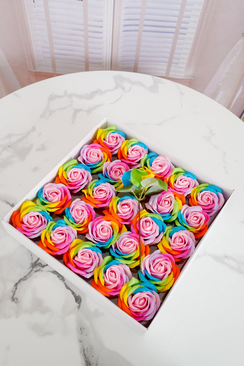 25 Pcs Rainbow Rose Soap Heads 2.7 Inch Bulk Artificial Flower Soap Heads with Detachable Stems