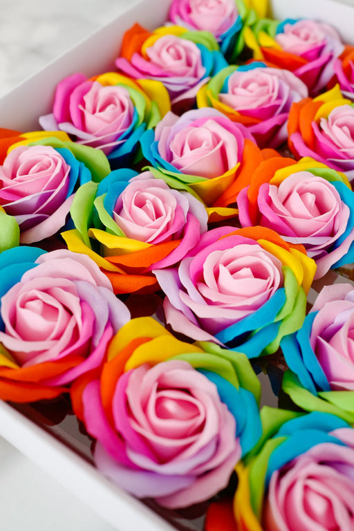 25 Pcs Rainbow Rose Soap Heads 2.7 Inch Bulk Artificial Flower Soap Heads with Detachable Stems